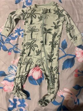 Green Palm-Print Footed Baby One-Piece